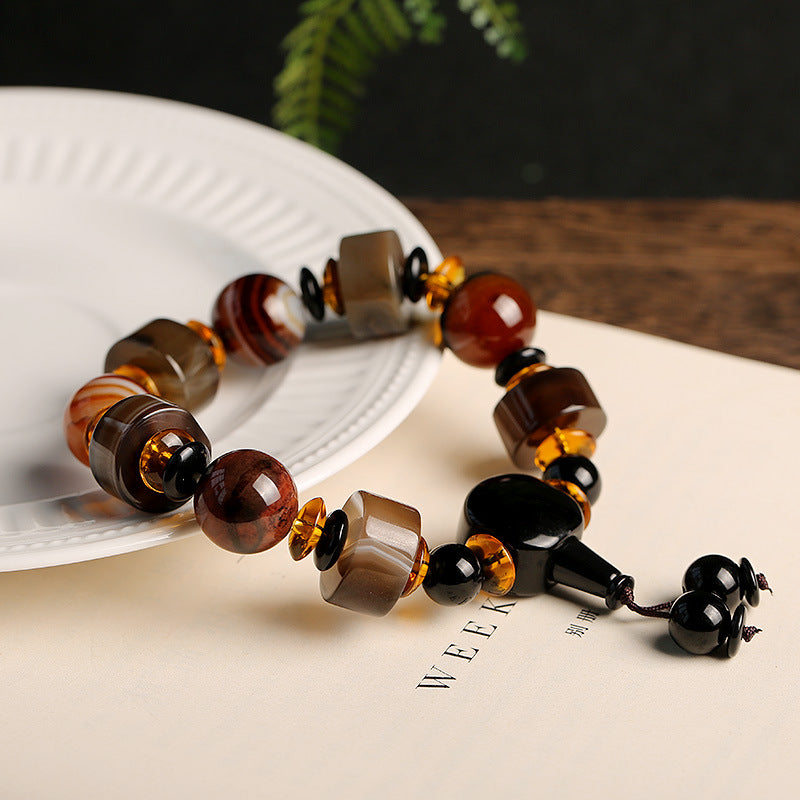 Originales Armband aus natürlichem Achat mit eingewickelter Seide, dominantes Einzelkreis-Armband aus Abakus-Perlen für Herren im Ethno-Stil, Geschenkzubehör