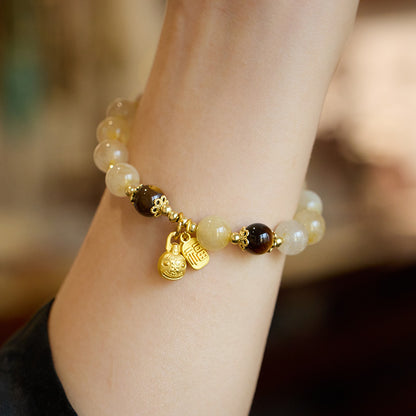 Natural Golden Rutilated Quartz Bracelet for Women, Yellow Rutilated Quartz Moonstone Gold-Devouring Beast Bracelet, Wealth Stone Gift for Girlfriend