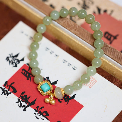 Natural8MM Hetian Jade Bracelet for Women S925Silver Bell Green Turquoise Square Jade Bracelet Gift for Best Friend