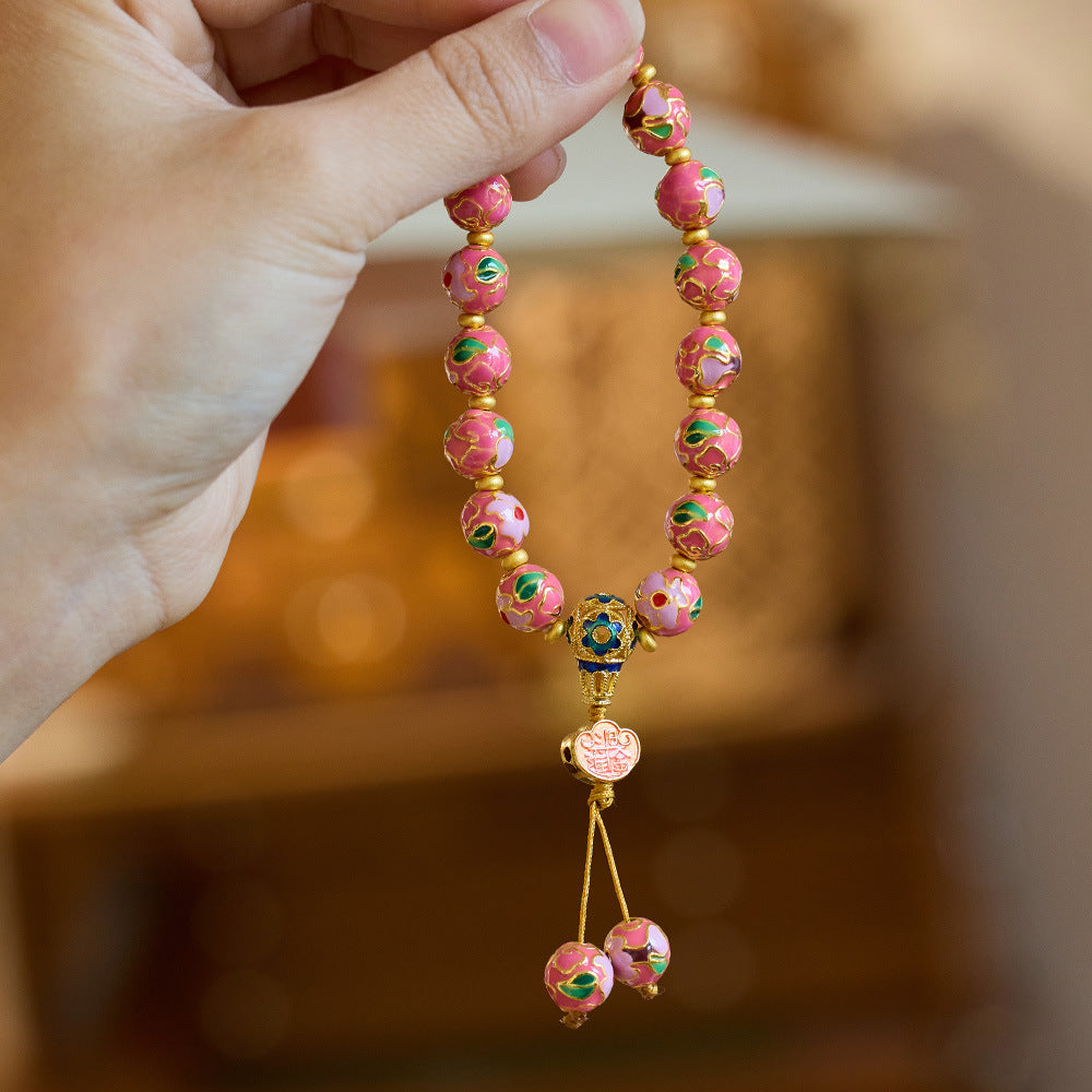 Temple Same Style Beijing Yongxiang Floral Bracelet for Women, Daily Prosperity, Enamel High Temperature Burnt Blue Dragon Year Bracelet for Women
