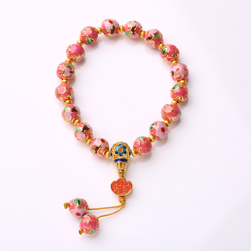 Temple Same Style Beijing Yongxiang Floral Bracelet for Women, Daily Prosperity, Enamel High Temperature Burnt Blue Dragon Year Bracelet for Women