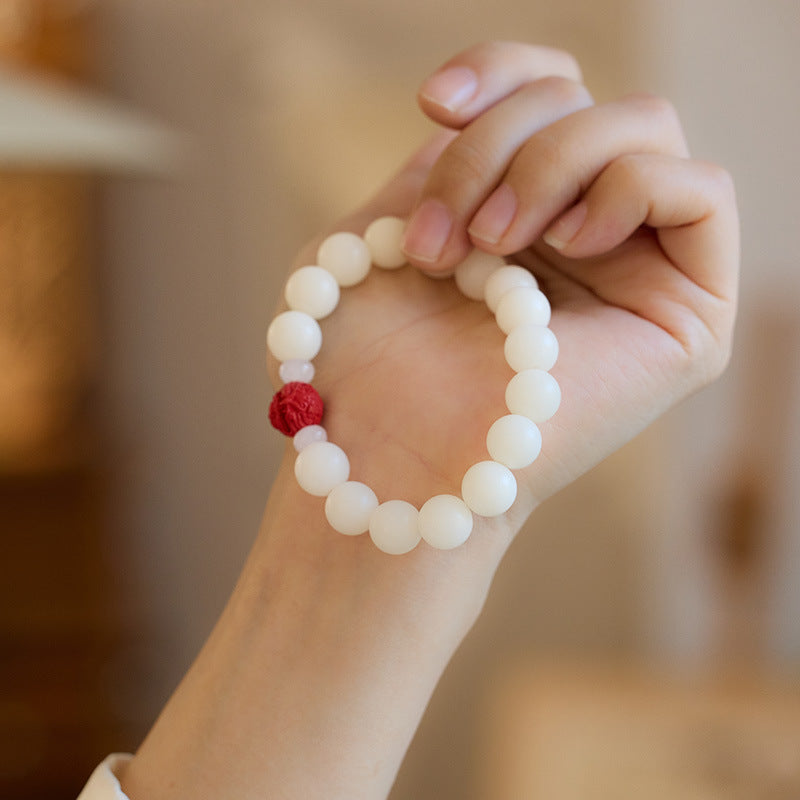 Temple Style Natural White Jade Bodhi Bracelet with Cinnabar and Red Sand Pixiu, Soft Wraparound Beads for Men and Women, Buddhist Prayer Beads