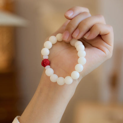 Temple Style Natural White Jade Bodhi Bracelet with Cinnabar and Red Sand Pixiu, Soft Wraparound Beads for Men and Women, Buddhist Prayer Beads