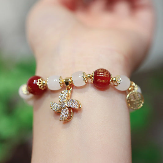 National Style Temple Same Style Wealth Peace Lock Windmill Stress Relief Glass Old Xing Barrel Bead Bracelet Glass Bead Bracelet Gift for Friends