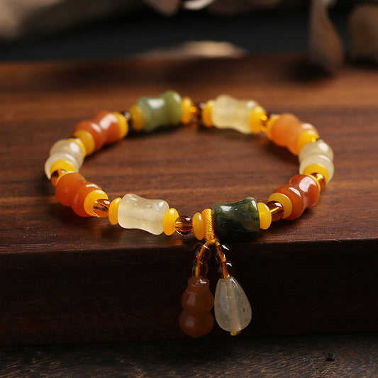 Natural Xinjiang Golden Silk Jade Small Bone Bead Bracelet Handmade Jade Yadan Gobi Colorful Jade Bracelet Ethnic Style Gift