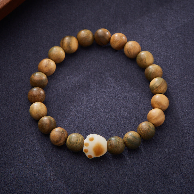 Natural8MM Green Sandalwood Bracelet Charcoal Burnt Bodhi Cat Paw Design Style Cultural Play Bracelet for Men and Women Finished Bracelet
