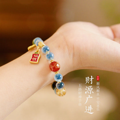 Temple Style Natural Blue Agate Bracelet Five-Way Wealth God Half-Sugar Agate Treasure Bowl Bracelet Gift