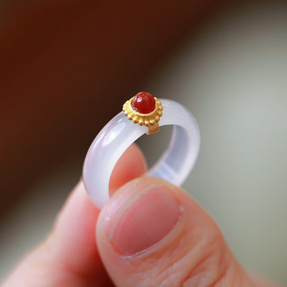 Nationaler Trend Natürlicher weißer Achatring mit Chalcedon-Kombination S925 Silber eingelegter südroter Achat Türkis Jade Damenring Schmuck