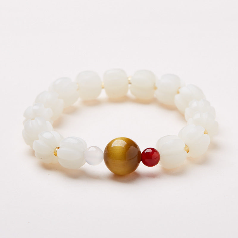 Temple Style Natural White Jade Bodhi Bracelet Tiger Eye Stone Bodhi Pumpkin Bracelet Soft Chinese Style Bracelet