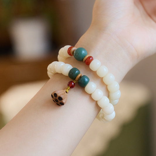 Natural White Jade Bodhi Double Circle Bracelet with Jujube Wood Lotus Seed Pod Tassel Abacus Old Style Barrel Bead Bracelet Collectible Artifact
