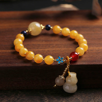 Feiyi Natural Xinjiang Golden Silk Jade Yellow Bracelet Best Friend Gift Small Gourd Tassel Women's Round Bead Jade Bracelet