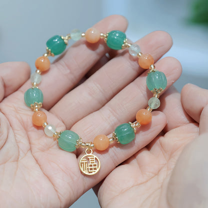 National Style Natural Jinsi Jade Bracelet Xinjiang Colorful Jade Female Pumpkin Barrel Beads Hanging Blessing Card Jade Bracelet Temple Same Style