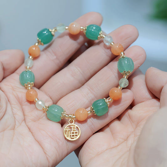 National Style Natural Jinsi Jade Bracelet Xinjiang Colorful Jade Female Pumpkin Barrel Beads Hanging Blessing Card Jade Bracelet Temple Same Style