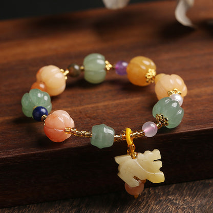 Yiyi Natural Golden Silk Jade Pumpkin Bead Bracelet for Women, Best Friend Gift, Gourd Pendant, Bell Jade Stone Jewelry