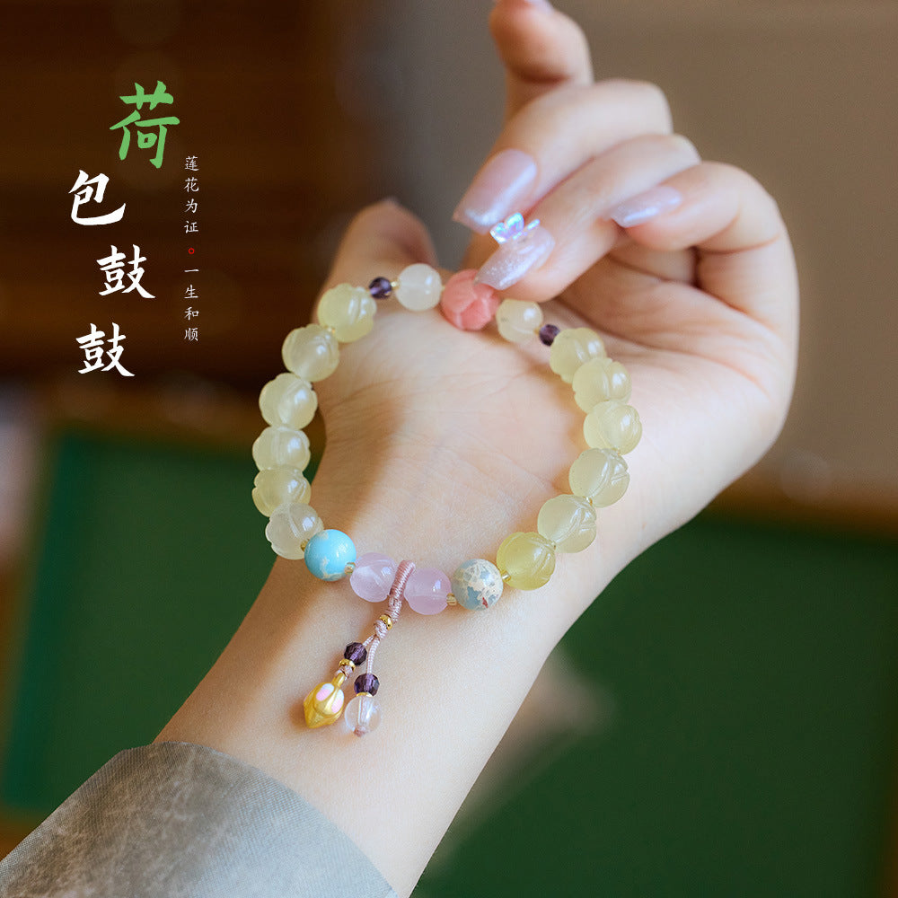 Tempel Natürliche Goldene Seide Jade Lotus Armband Viel Glück Lotus Tasche Trommel Antiken Stil Jade Armband