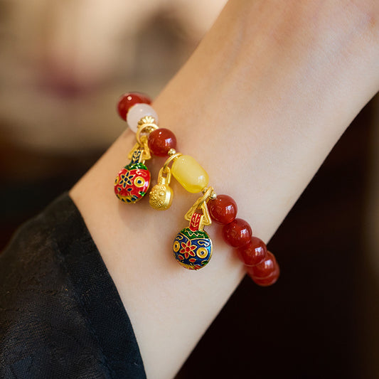 New Chinese Style Natural Red Agate Gold-Plated Beast Bracelet for Women, Zodiac Year Retro Style Beaded Jewelry Gift