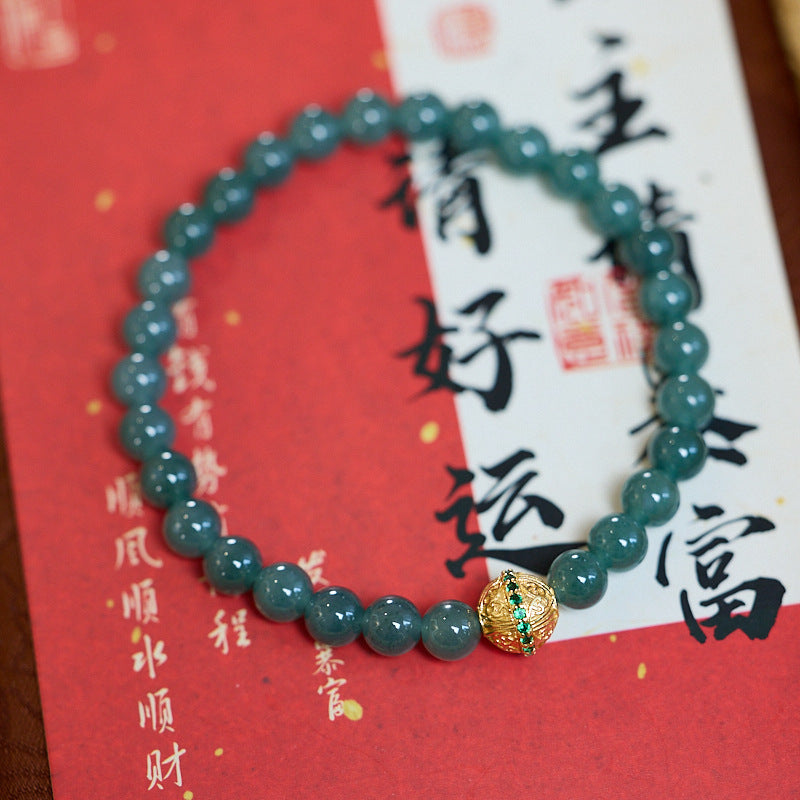 Natural Source6MM Blue Water Jade Bracelet for Women with Filigree Enamel and Lucky Jade A Handmade Bracelet