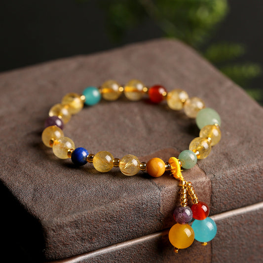 Original Design Multi-Treasure Jewelry Brazilian Natural Golden Rutilated Quartz Bracelet for Women, Vintage Agate Pink Quartz Bracelet