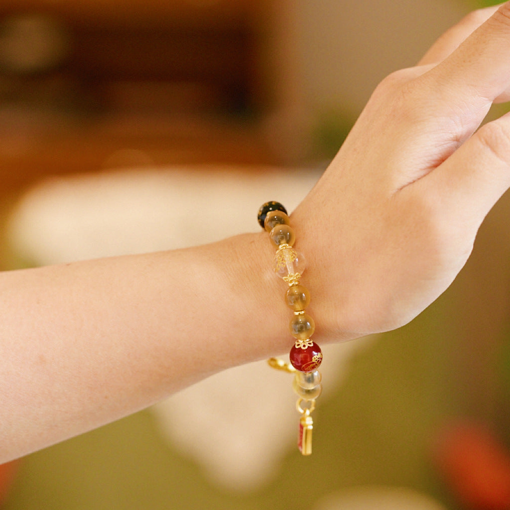 Temple Same Style Natural Yellow Agate Heart Bracelet Five-Way God of Wealth Half-Sugar Heart Treasure Basin Bracelet Gift