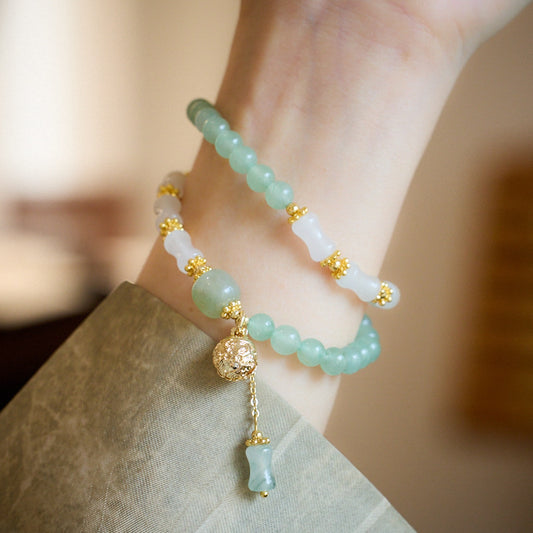 Natural Tianshan Jade Bamboo Knot Bracelet Green Dongling Jade Color Golden Silk Jade Swallowing Gold Beast Bell High-end Bracelet