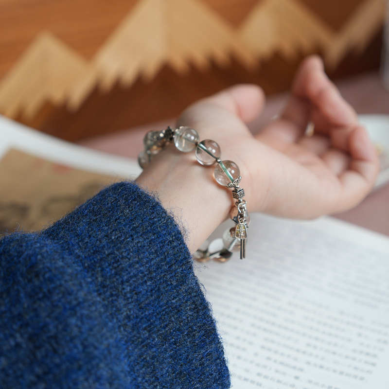Temple Style Natural12MM Green Phantom Bracelet for Women S925Silver Peace and Joy Treasure Bowl Crystal Bracelet
