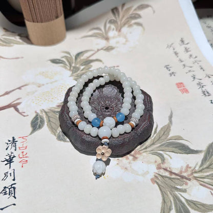 Natural White Jade Bodhi Double Circle Bracelet with Jujube Wood Lotus Seed Pod Tassel Abacus Old Style Barrel Bead Bracelet Collectible Artifact