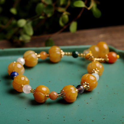New Xinjiang Golden Silk Jade Bracelet Drum Beads Pumpkin Beads Bracelet Yellow Jade Pixiu Bracelet for Women Live Streaming Internet Celebrity Style