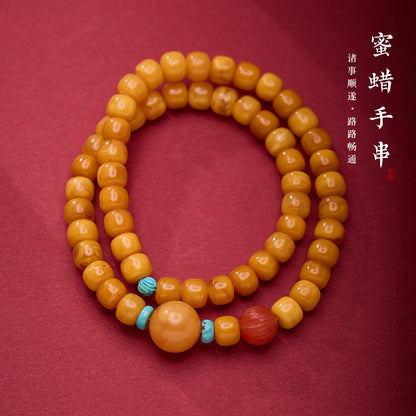 Natürliches gelbes Hühnerfett-Bienenwachs-Perlenarmband, weibliches Bernstein-Hetian-Jade-Einzelring-Armband, Retro-Chinoiserie