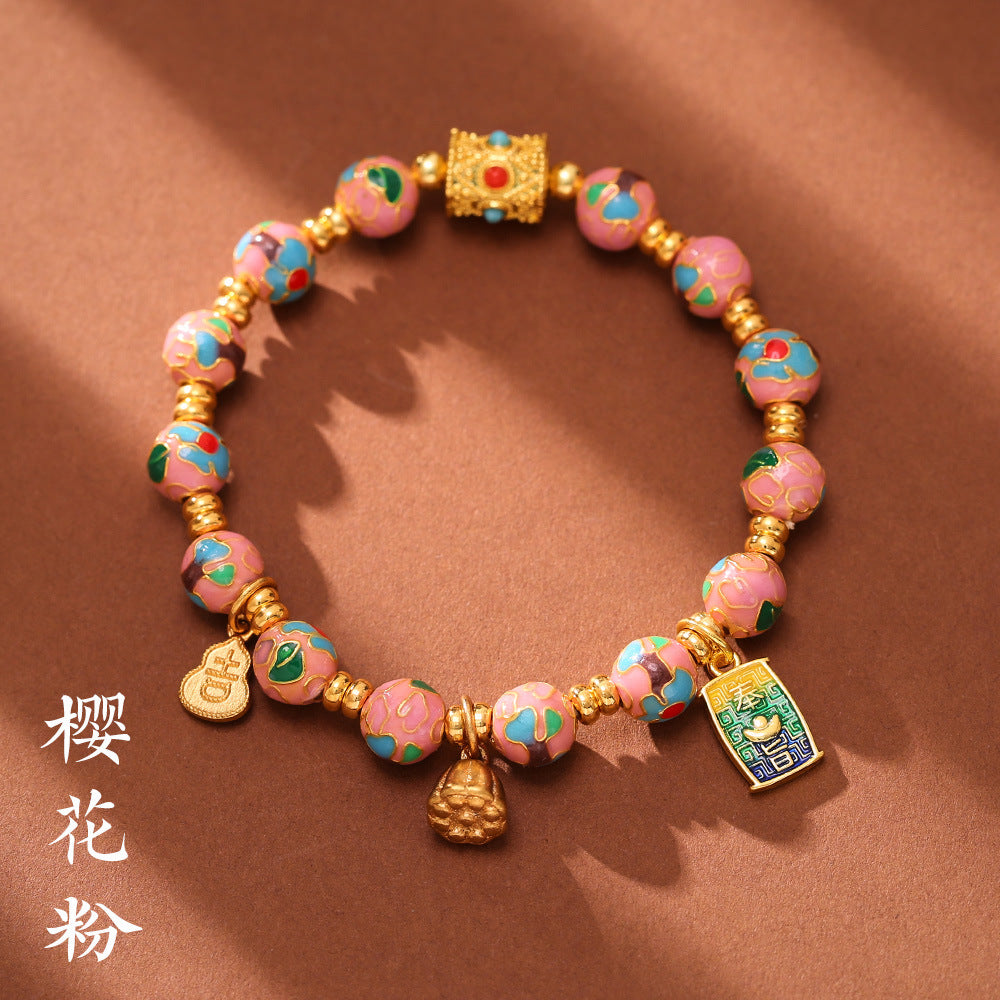 Beijing Yongxiang Floral Bracelet for Women Cloisonné Filigree Enamel Floral Beaded Bracelet Wishes Come True Beaded Bracelet