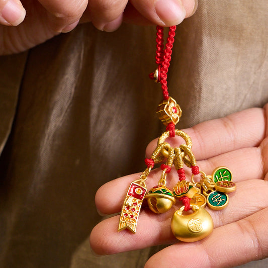 Temple style ancient gilded flagship success keychain brass fortune lock car keychain pendant