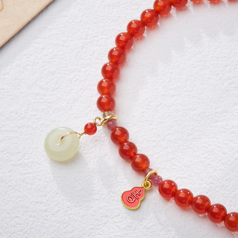 Natural6MM Red Agate Three Circle Bracelet Hetian Jade Peace Buckle Retro Ethnic Style Bracelet Best Friend Gift