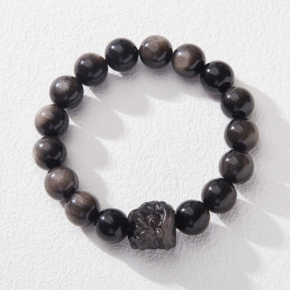 Natural Obsidian Bracelet Double Eyes Silver Stone Buddha Beads Good Luck Xingshi Bracelet Men and Women Bracelet of Birth Year