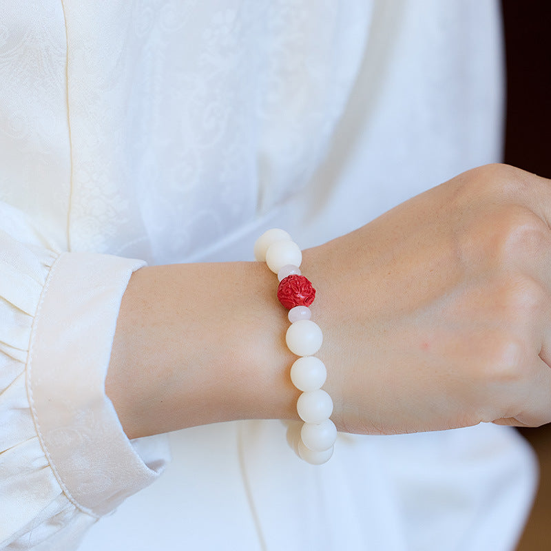 Temple Style Natural White Jade Bodhi Bracelet with Cinnabar and Red Sand Pixiu, Soft Wraparound Beads for Men and Women, Buddhist Prayer Beads