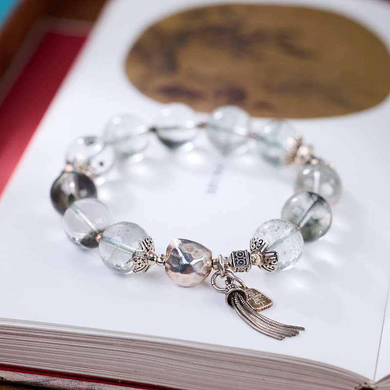 Temple Style Natural12MM Green Phantom Bracelet for Women S925Silver Peace and Joy Treasure Bowl Crystal Bracelet