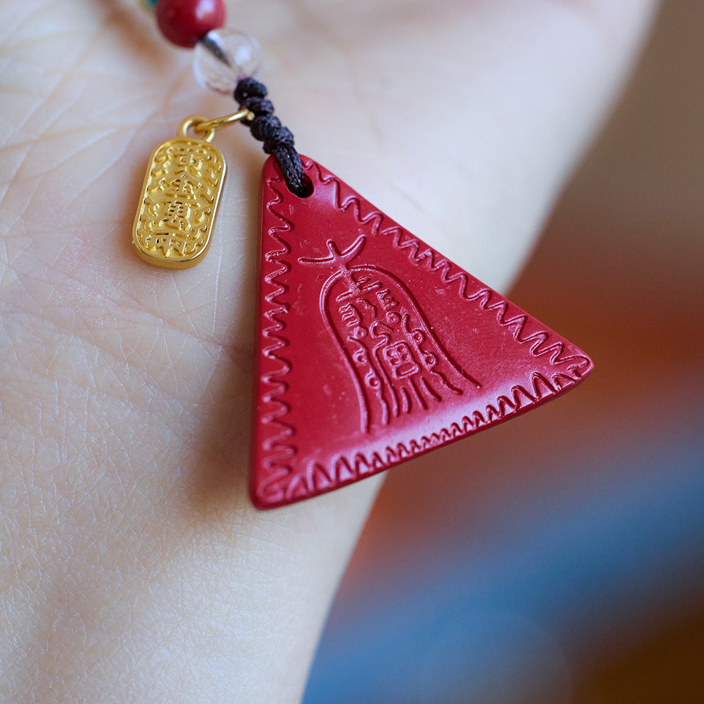 Temple Style Natural Cinnabar Keychain Triangle Red Card New Year Cinnabar Pendant Buddhist Youth Pendant
