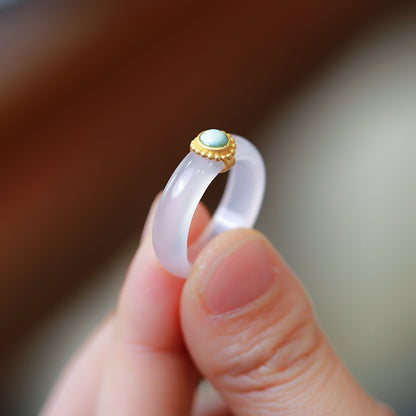 Nationaler Trend Natürlicher weißer Achatring mit Chalcedon-Kombination S925 Silber eingelegter südroter Achat Türkis Jade Damenring Schmuck
