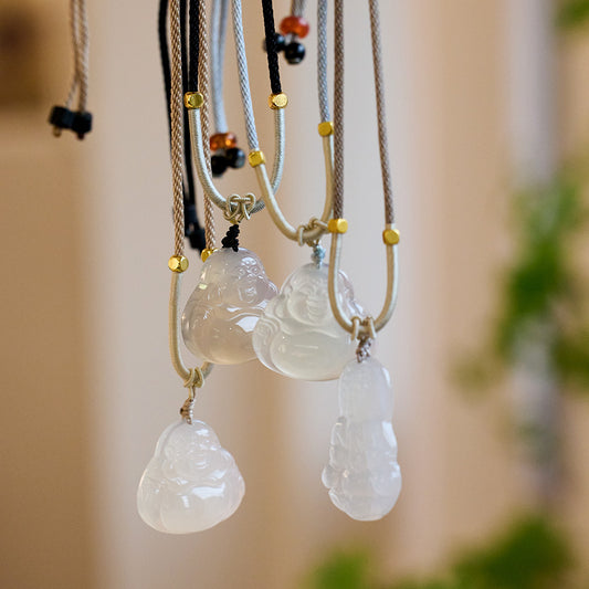 Natural Ice Chalcedony Agate Necklace White Chalcedony Flat Clasp Maitreya Buddha Lotus Pendant Sweater Chain Pendant