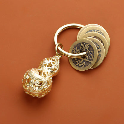 Pure Copper Five Emperor Coins Brass Gourd Keychain Pendant Portable Copper Coin Small Pendant Small Ornament