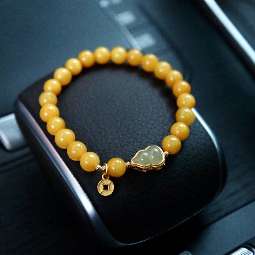 Natürliches gelbes Hühnerfett-Bienenwachs-Perlenarmband, weibliches Bernstein-Hetian-Jade-Einzelring-Armband, Retro-Chinoiserie