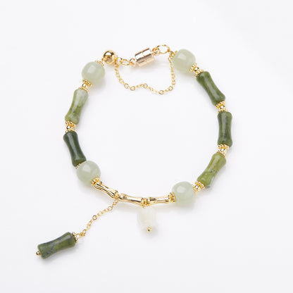 Natural Olive Jade Bamboo Bracelet for Women, One Leaf of Prosperity, Lily of the Valley Flower, Hetian Jade Bracelet, Gift for Best Friend