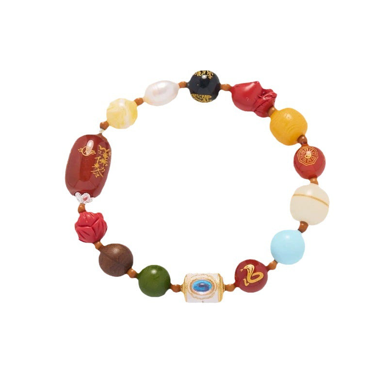 Temple Style Snake Year Multi-Treasure Bracelet2025Spiritual Snake Multi-Treasure Cinnabar Agate Bodhi Good Luck Multi-Treasure Bracelet