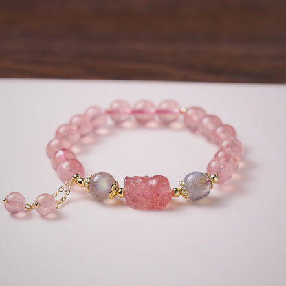 Natural Strawberry Quartz Bracelet for Women, Peach Blossom Blooming, Niche Style, Best Friends, Students, Pink Beads, Crystal Bracelet