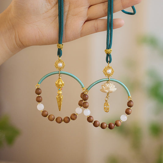 Temple Style Sandalwood Car Hanging Chinese Style Car Pendant Rearview Mirror Decoration for Men and Women Peaceful Car Hanging Decoration
