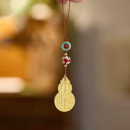 Ancient Method Sand Gold Copper Plated Gourd Pendant with Cinnabar and Hydrangea DIY Birth Year Wealth Business Good Luck Keychain Phone Pendant