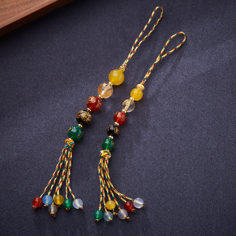 Original Design Natural Agate Crystal Five-Way God of Wealth Phone Chain Temple Cultural and Creative Keychain Car Pendant