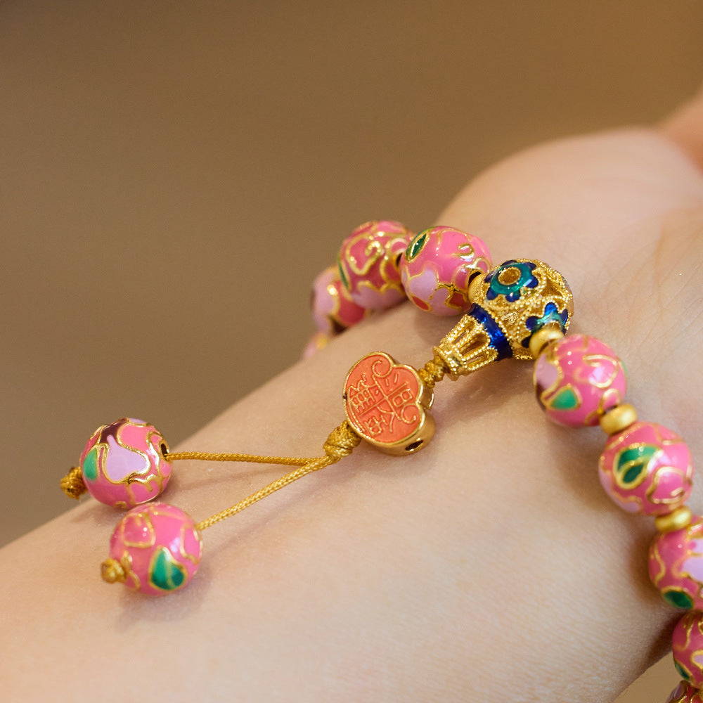 Temple Same Style Beijing Yongxiang Floral Bracelet for Women, Daily Prosperity, Enamel High Temperature Burnt Blue Dragon Year Bracelet for Women