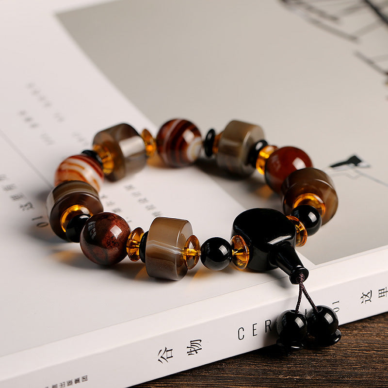 Originales Armband aus natürlichem Achat mit eingewickelter Seide, dominantes Einzelkreis-Armband aus Abakus-Perlen für Herren im Ethno-Stil, Geschenkzubehör