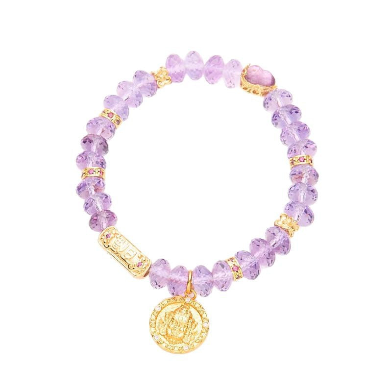 Nine Purple Fire Faceted Amethyst Bracelet for Women, Gold-Plated Yellow Wealth God Straight Cut High-End Crystal Jewelry Bracelet