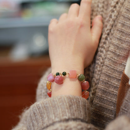 Natural Salt Source Agate Cube Bracelet with Hanging Peach Jasper Barrel Beads Amber Irregular Shape Candy Color Multi-Gem Bracelet for Women
