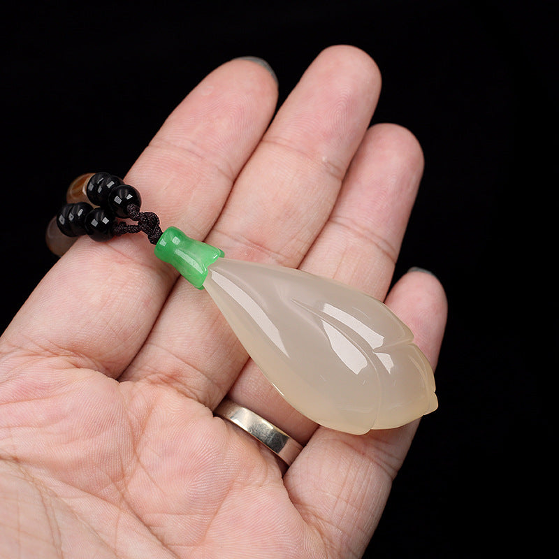 Natural Agate Jade Lotus Flower Necklace for Women Ice White Agate Pendant Sweater Necklace Versatile Jewelry